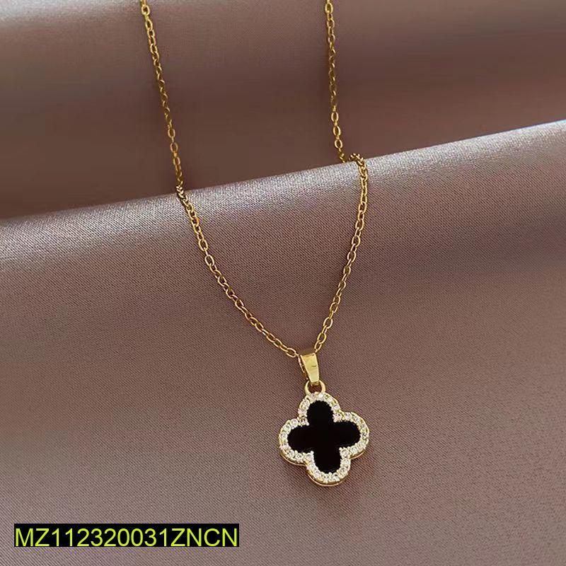 Four Leaf Clover Stone Black Pendant Necklace
