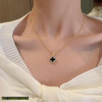 Four Leaf Clover Stone Black Pendant Necklace